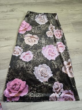 dELiA*s Black Maxi Skirt with Pink Rose Pattern